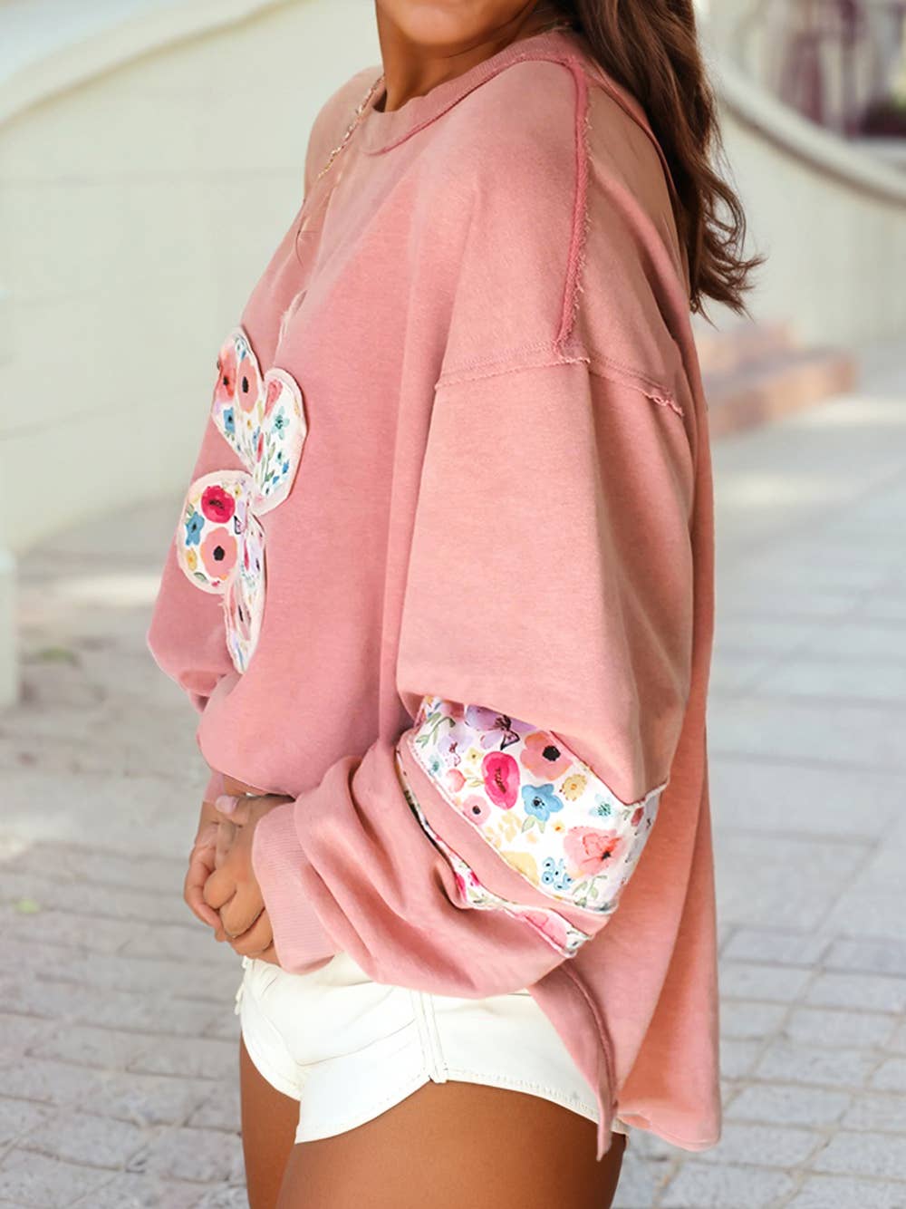 Flower Patchwork Drop Sleeve Pullover Sweatshirt | S-4X